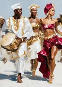 Dansgroep met trommelaar in gouden en rode kledij