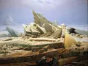 Das Eismeer van Caspar David Friedrich: zee met ijsschotsen, scheepswrak, winter en poolzee, in koel grijsblauw en wit