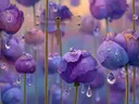 Schilderij van paarse bloemknoppen met dauwdruppels en een libel