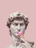 Pop-art beeld van het standbeeld David die een roze ijsje likt