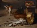 David Teniers II Kitchen Interior Fishes 3 van David Teniers de Jonge: stilleven met keuken, hond, koperen ketel en mand, in gedempt grijsbruin