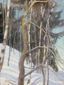 Day in March van Pekka Halonen: landschap met berken, sneeuw, winter en takken, in wit met grijsblauw