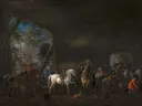 De aankomst in de stal van Philips Wouwerman: interieur met stal, paarden, ruiters en honden, in donker bruin met blauw