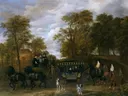 De aankomst van Cornelis de Graeff en leden van zijn gezin op zijn buiten Soestdijk van Jacob van Ruisdael: figuren met koets, paarden, honden en bomen, in donkergroen en bruin
