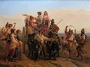 De aankomst van de oogsters in de Pontijnse moerassen van Léopold Robert: figuren met kar, buffels, oogsters en menigte, in warm bruin en rood