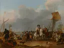 De aankomst van prins Willem III in de Oranjepolder op 31 januari 1691 van Ludolf Bakhuizen: zee met schepen, kust, menigte en paarden, in gedempt grijsbruin