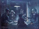 De aardappeleters van Vincent van Gogh: interieur met boeren, aardappels, olielamp en tafel, in donkerblauw en bruin