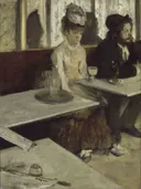 De absintdrinkster van Edgar Degas: figuren met cafe, man, vrouw en tafel, in gedempt grijsbruin