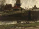 De afgesneden molen van Jacob Maris: landschap met molen, water, weiland en oever, in gedempt groenbruin