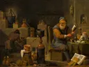 De alchemist van David Teniers the Younger: interieur met alchemist, werkplaats, potten en boeken, in warm bruin