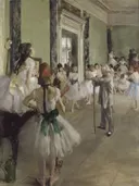 De balletklas van Edgar Degas: figuren met ballet, danseressen, zaal en tutu, in gedempt oker met wit
