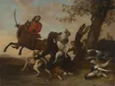 De berenjacht van Paulus Potter: dieren met jacht, honden, beer en ruiter, in donker bruin met rood