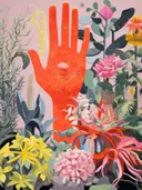 Surrealistische illustratie van een rood-oranje hand tussen kleurrijke bloemen en planten op een roze achtergrond