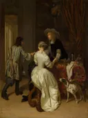 De boodschapper van Jan Verkolje: interieur met vrouw, satijnen jurk, bode en hond, in wit en rood op donker