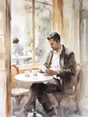 Man leest een brief aan een tafeltje in een zonnig café