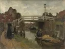 De brug van Jacob Maris: stad met brug, gracht, huizen en boot, in gedempt bruin en grijs