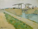 De brug van Langlois van Vincent van Gogh: landschap met brug, kanaal, weg en gras, in zacht geel en lichtblauw