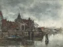 De Buitenkant met de Schreierstoren te Amsterdam van Jacob Maris: stad met Amsterdam, toren, haven en schepen, in gedempt grijs