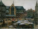 De Dam te Amsterdam van George Hendrik Breitner: stad met Amsterdam, Dam, kerk en mensen, in donkerbruin en grijs