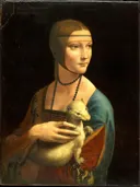 De dame met de hermelijn van Leonardo da Vinci: portret met vrouw, hermelijn, dier en ketting, in donkerbruin met rood en blauw