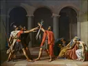 De eed van de Horatii van Jacques-Louis David: figuren met mannen, sandaal en tunica