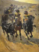 De Gele Rijders van George Hendrik Breitner: figuren met paarden, ruiters, artillerie en soldaten, in warm oker en donkerblauw