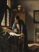 De geograaf van Johannes Vermeer: figuren met man, globe, kaarten en raam, in warm bruin met blauw