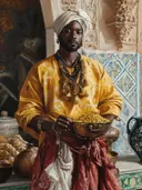 Man in gele gewaad met kom goud, klassiek portret