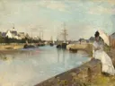 De haven in Lorient van Berthe Morisot: zee met haven, water, schepen en kade, in licht blauw en okergeel