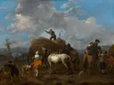 De hooioogst van Johannes Lingelbach: figuren met hooien, oogst, paarden en boeren, in warm oker en blauw