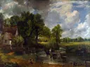 De hooiwagen van John Constable: landschap met hooiwagen, rivier, boerderij en bomen, in groen en wolkenwit