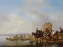 De hooiwagen van Philips Wouwerman: landschap met hooiwagen, paarden, water en ruine, in gedempt bruin met blauw