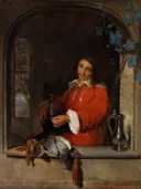 De jager van Gabriel Metsu: figuren met man, venster, jager en kruik, in rood op grijsbruin
