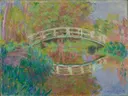 De Japanse brug van Claude Monet: landschap met brug, vijver, waterlelies en wilgen, in bont groen met roze