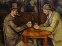 De kaartspelers (Cézanne) van Paul Cezanne: figuren met mannen, kaartspel, tafel en hoeden, in warm bruin en okergeel