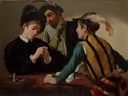 De kaartspelers van van Caravaggio: figuren met jongens, kaartspel, tafel en verenhoed, in warm bruin met geel