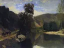 De kade van de Cousin, nabij Avallon van Charles-François Daubigny: landschap met rivier, bomen, oever en wolken, in groen met grijsblauw