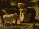 De kennismaking (Het geitje) van Matthijs Maris: dieren met geit, meisje, boerderij en gras, in donker bruin met okergeel