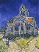 De kerk van Auvers van Vincent van Gogh: stad met kerk, pad, gras en toren, in diep blauw met okergeel