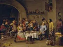 De koning drinkt van David Teniers the Younger: figuren met feest en herberg