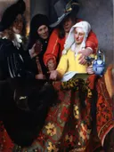 De koppelaarster van Johannes Vermeer: figuren met mensen, wijn, luit en tapijt, in rood geel en zwart