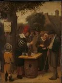 De kwakzalver van Jan Steen: figuren met kwakzalver, menigte, markt en ton, in warm okerbruin