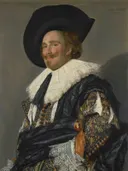 De lachende cavalier van Frans Hals: portret met man, hoed, kraag en borduursel, in zwart met wit en oker