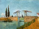De Langloisbrug in Arles van Vincent van Gogh: landschap met ophaalbrug, kanaal, cipressen en water, in helder blauw en geel