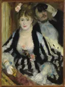 De loge van Pierre-Auguste Renoir: figuren met vrouw, theaterloge, gestreepte jurk en man, in zwart, wit en roze