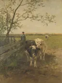 De melkbocht van Anton Mauve: landschap met koeien, hek, weide en boer, in gedempt groen