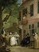 De misleyden': de ambassadeur der Labberlotten vertoont zich voor het venster van de herberg 't Bokki in de Haarlemmerhout van Cornelis Troost: figuren met herberg, mensen, raam en bomen, in groen en grijs