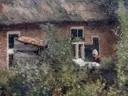 De moestuin van Anton Mauve: landschap met huisje, tuin, raam en kind, in groen en roodbruin