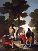 De mooie vrouw en de gemaskerde mannen van Francisco Goya: figuren
