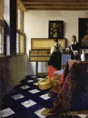 De muziekles van Johannes Vermeer: interieur met kamer, klavecimbel, muziek en tegelvloer, in warm rood met wit